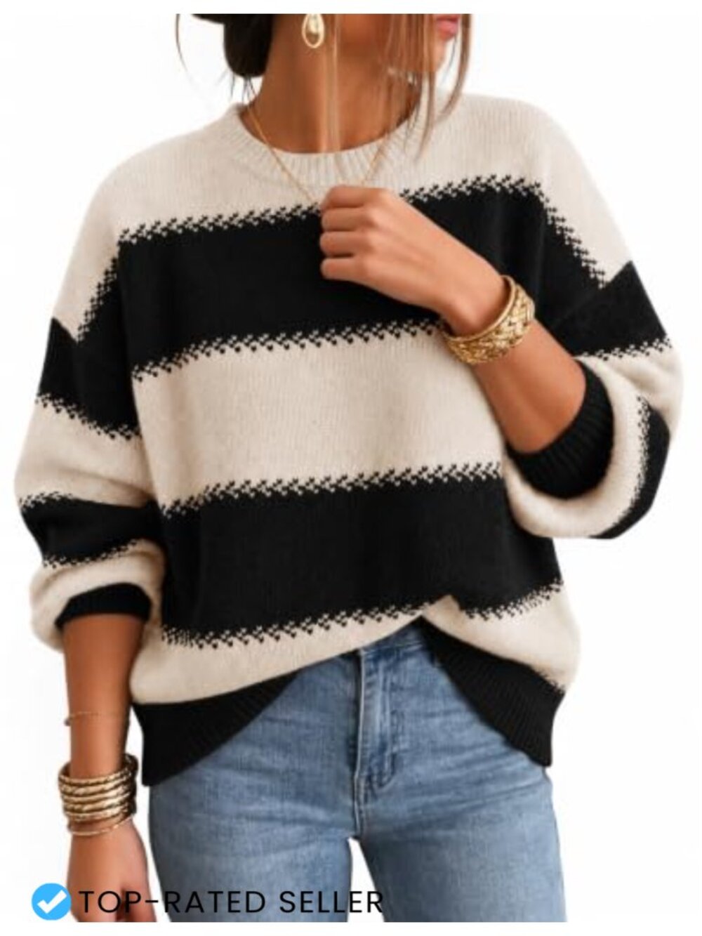 Oversized Striped Knit Pullover Sweater Long Sleeve Crew Neck Loose Fit